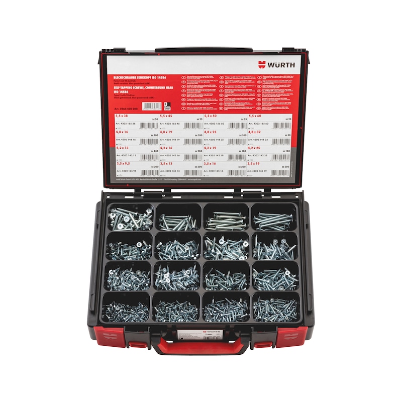 Würth Blechschraube Senkkopf Sortiment Stahl verzinkt 1875-teilig im Systemkoffer 4.4.1, ISO 14586 – Stahl verzinkt, A2K