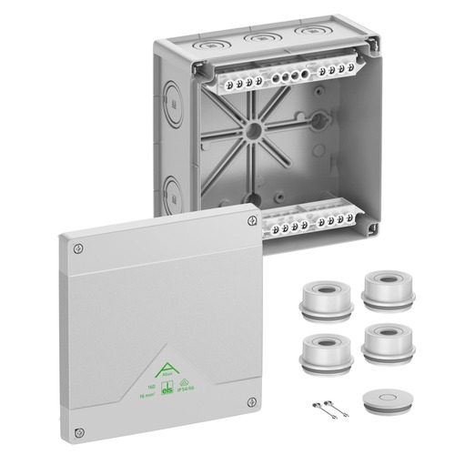 Spelsberg Abzweigkasten, Schutzart IP55/IP66, max. Leiterquerschnitt 16², Schlagfestigkeit IK07, Schutzklasse II, Ui 690V AC, Ui 690V DC, DLG, VDE, halogenfrei (81642001)