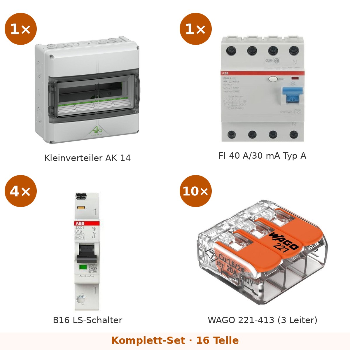 Unterverteiler-Set Garage/Gartenhaus: Spelsberg AK 14 + FI 40 A + 4× B16 – Set-Inhalt