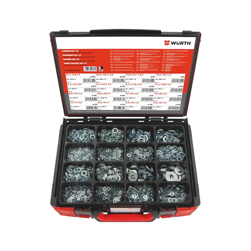 Würth Scheiben und Federringe Sortiment 1.400-teilig im System-Koffer 4.4.1. DIN 125/127 – Stahl verzinkt, A2K, blau