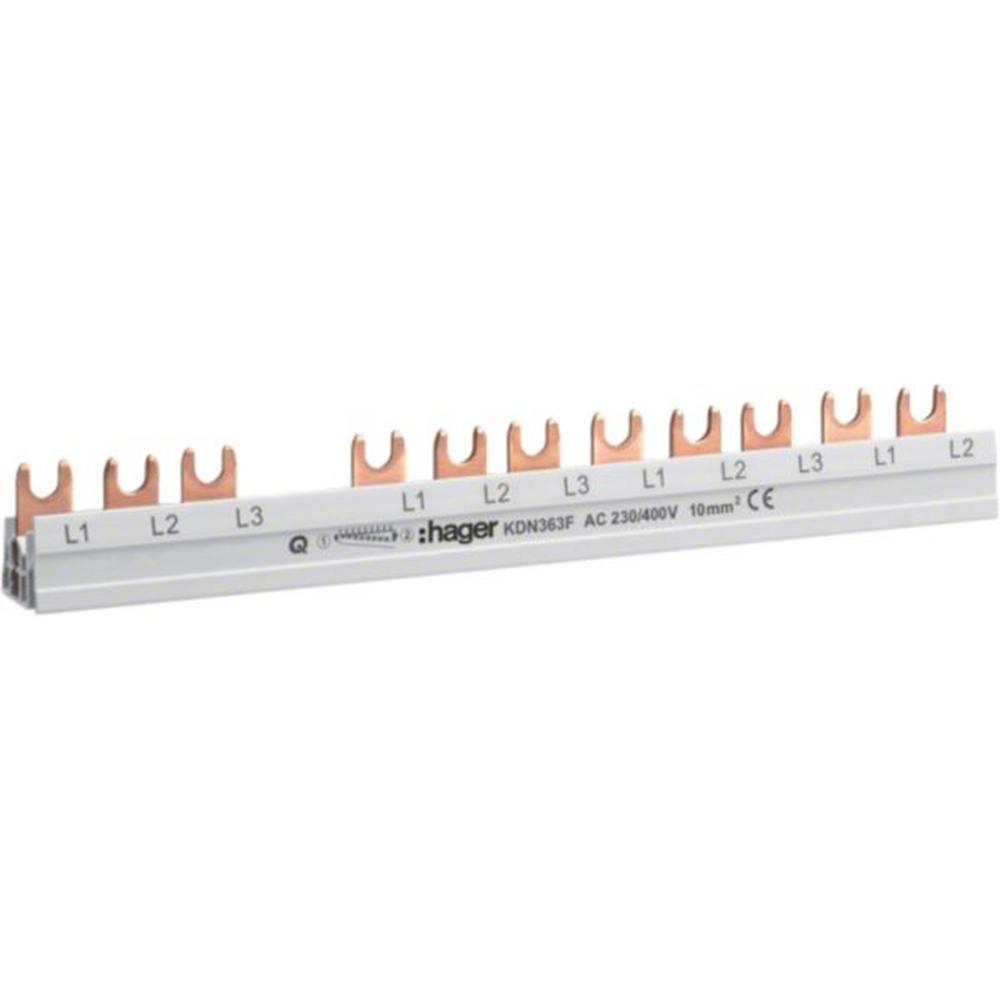 KDN363F, Phasenschiene / Kammschiene, 3-polig, mit Gabelanschluss, 10mm², 63A, 12 Module