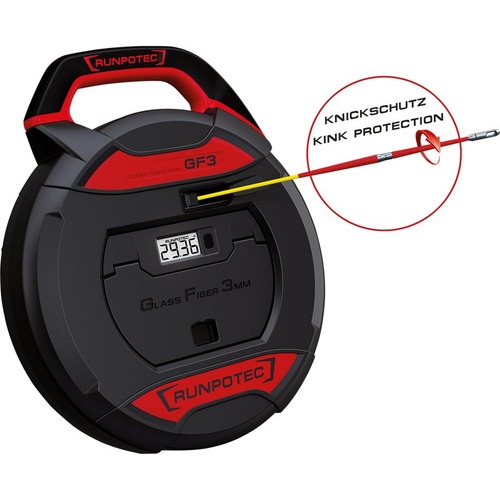 Runpotec GF3 - Kabeleinziehwerkzeug inkl. digitalem Meterzähler, Länge: 30 m, Glasfaserstab Ø 3 mm, Gesamtbruchlast 130 kg, für Rohrinnendurchmesser 9-45 mm,
