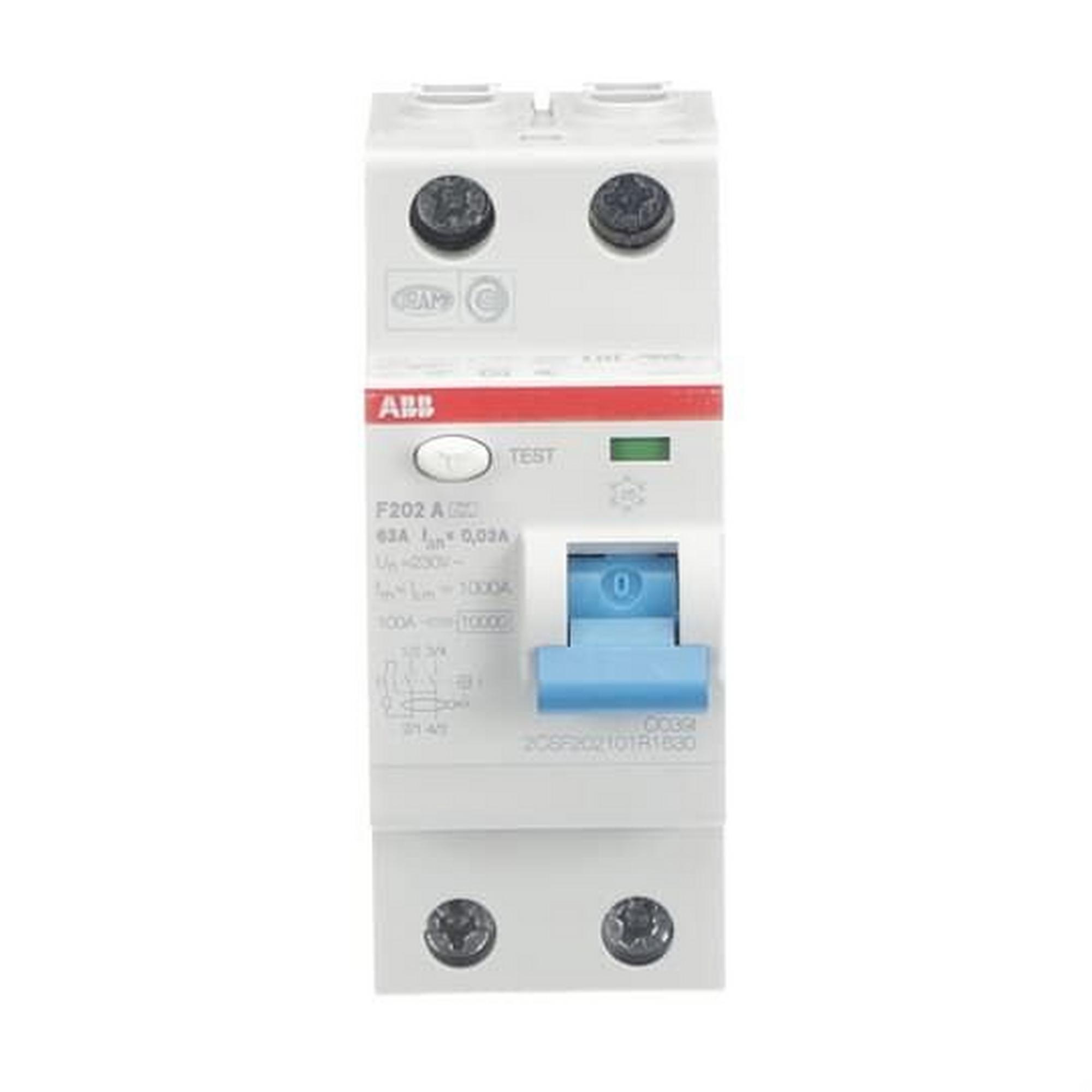 F202 A-63/0.03, FI-Schutzschalter 2P, Typ A, 63A, 30mA