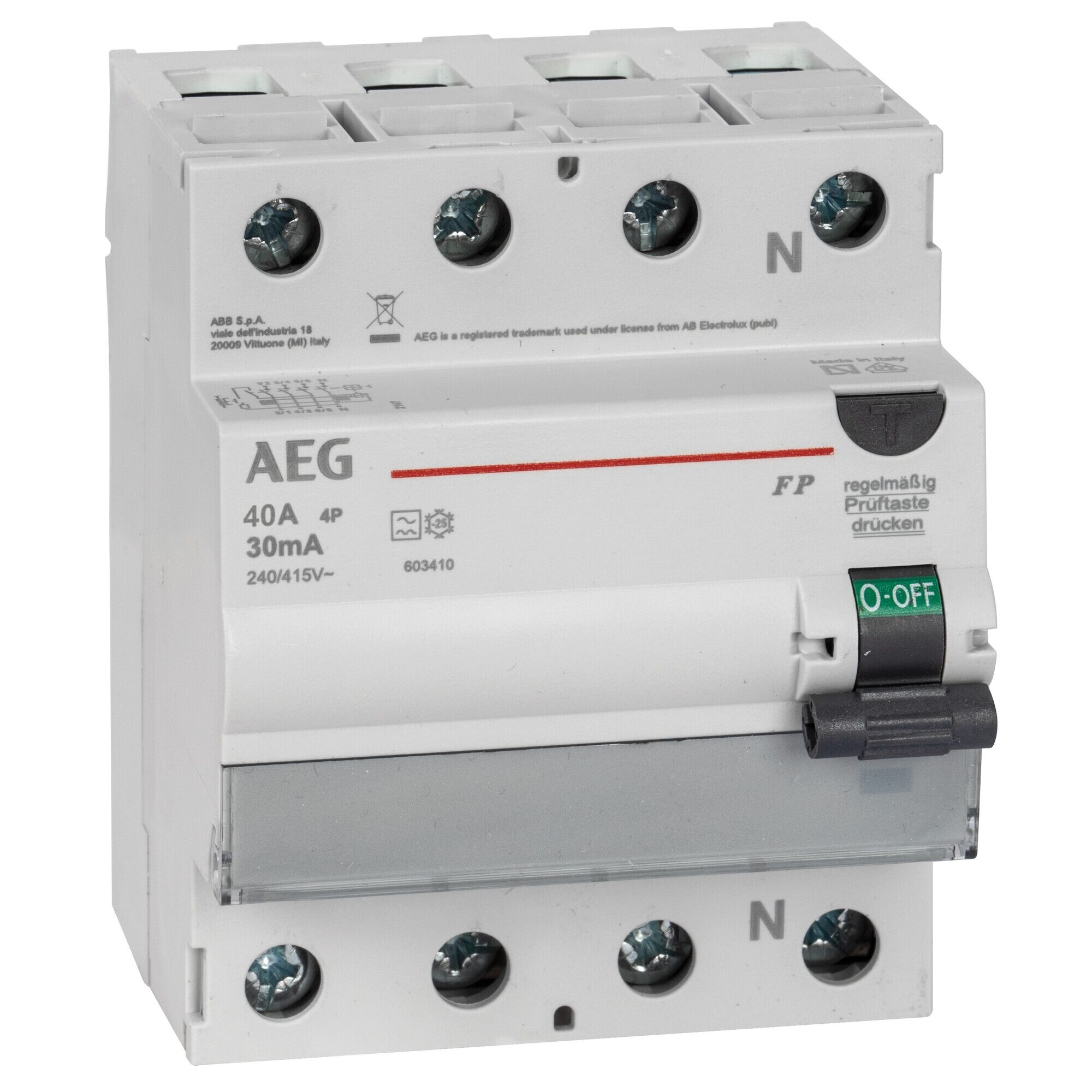AEG FI-Schutzschalter Typ A, 4‑polig, 40 A/30 mA, 400 V AC – 6 kA kurzschlussfest, IP20, DIN-Schiene, 4‑TE kompakte Bauform AEG FI-Schutzschalter Typ A, 4‑polig, 40 A/30 mA, 400 V AC – 6 kA kurzschlussfest, IP20, DIN-Schiene, 4‑TE kompakte Bauform