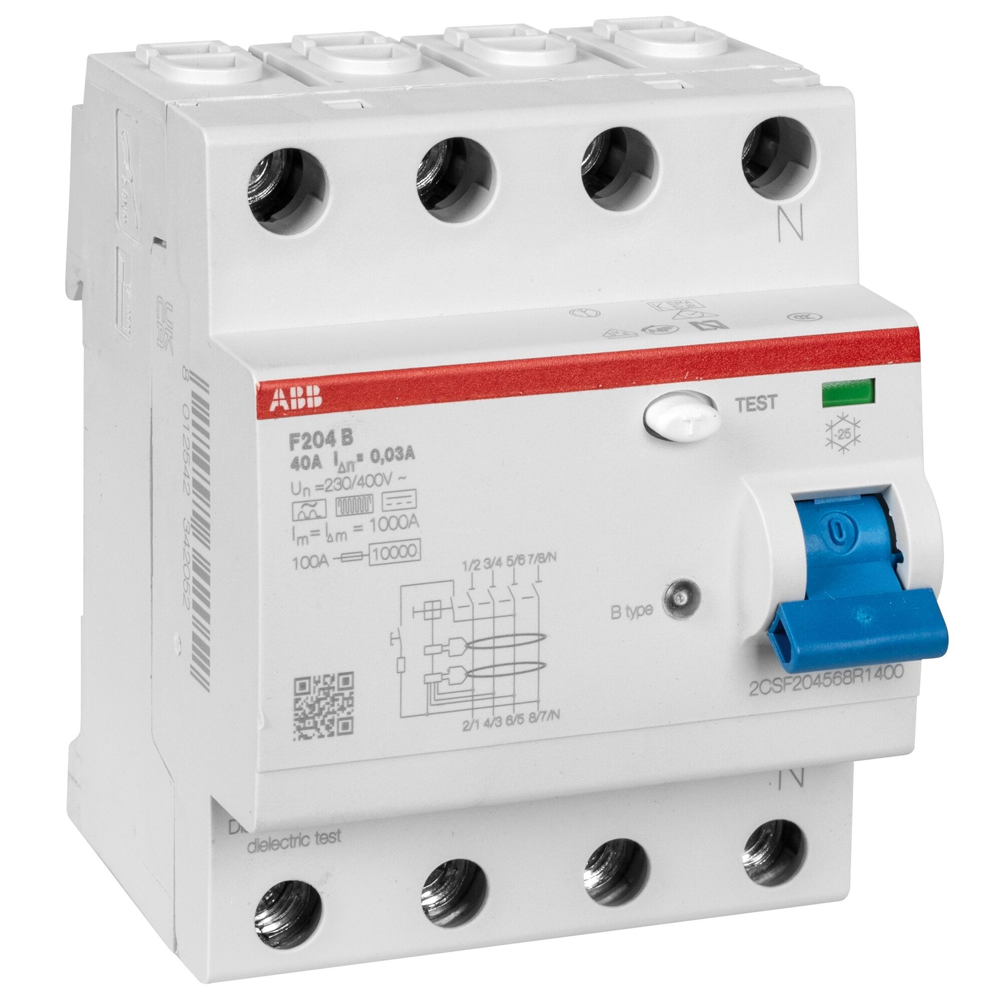 ABB F204B-40/0,03 FI‑Schutzschalter 4‑polig | 40 A + 30 mA Typ B | 400 V AC | 3 kA Stoßstrom | 4TE, -25 °C – +70 °C allstromsensitive ABB F204B-40/0,03 FI‑Schutzschalter 4‑polig | 40 A + 30 mA Typ B | 400 V AC | 3 kA Stoßstrom | 4TE, -25 °C – +70 °C allstromsensitive
