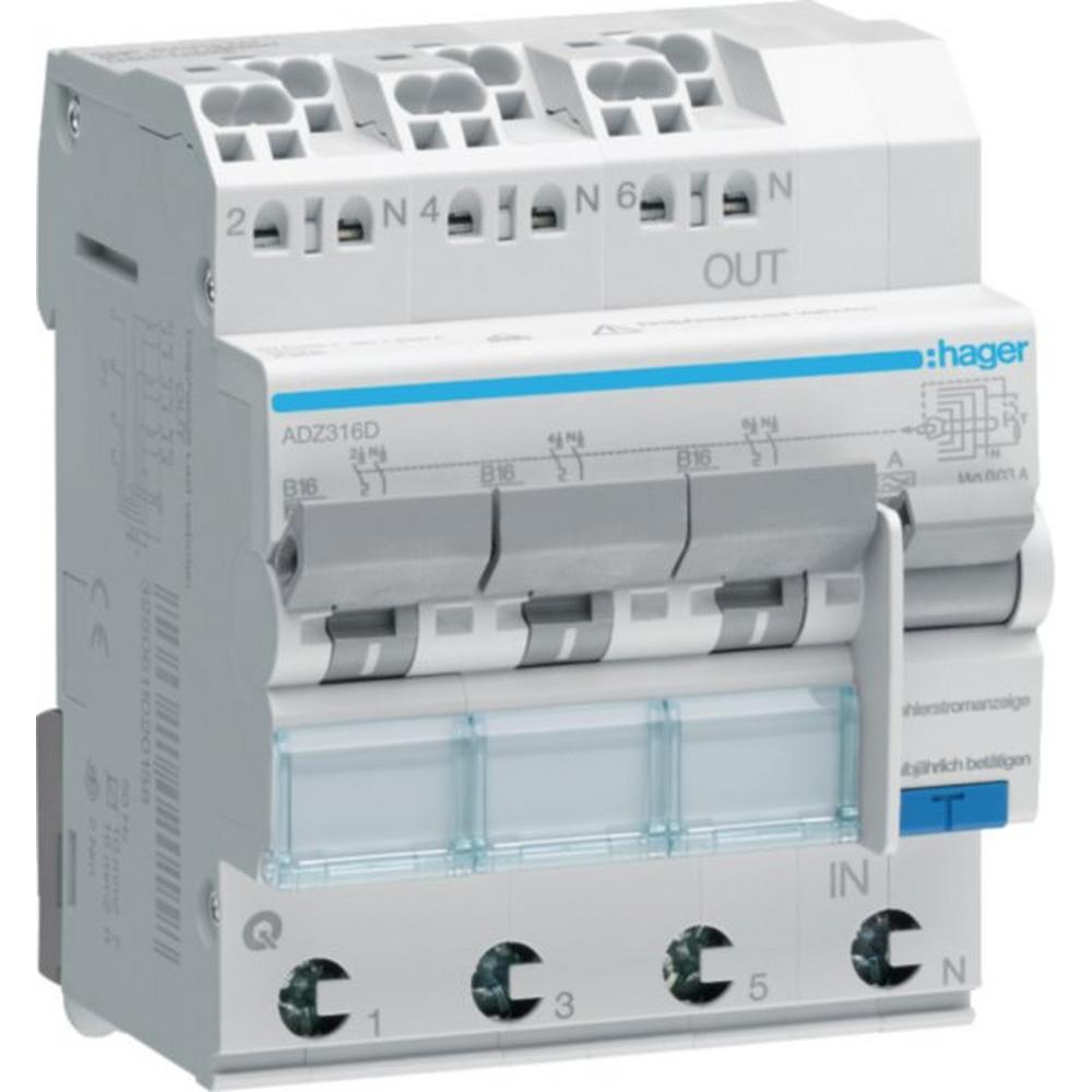 ADZ316D, Fehlerstrom-Leitungsschutzschalter, FiLS-Schalter, 3x(1P+N) 6kA B-16A 30mA Typ A