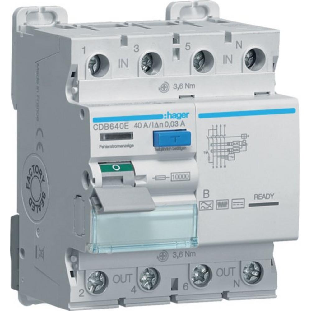 Hager CDB640E, Fehlerstromschutzschalter, FI-Schutzschalter 4-polig 10kA 40A 30mA Typ B