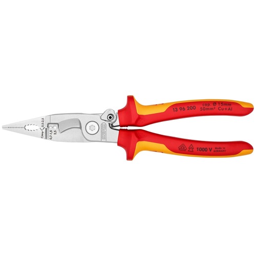 Knipex VDE Elektro-Installationszange mit Öffnungsfeder, VDE isoliert, verchromt 200 mm