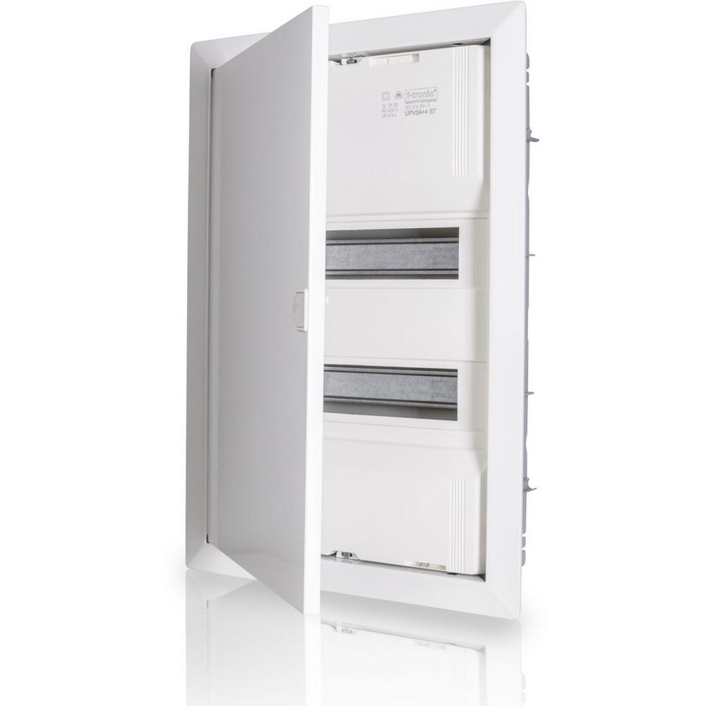 Newlec HUPV 24B TM, UP-Verteiler, 2-reihig, 24+4 Module, mit Rahmen und Tür aus Metall, grau / weiß