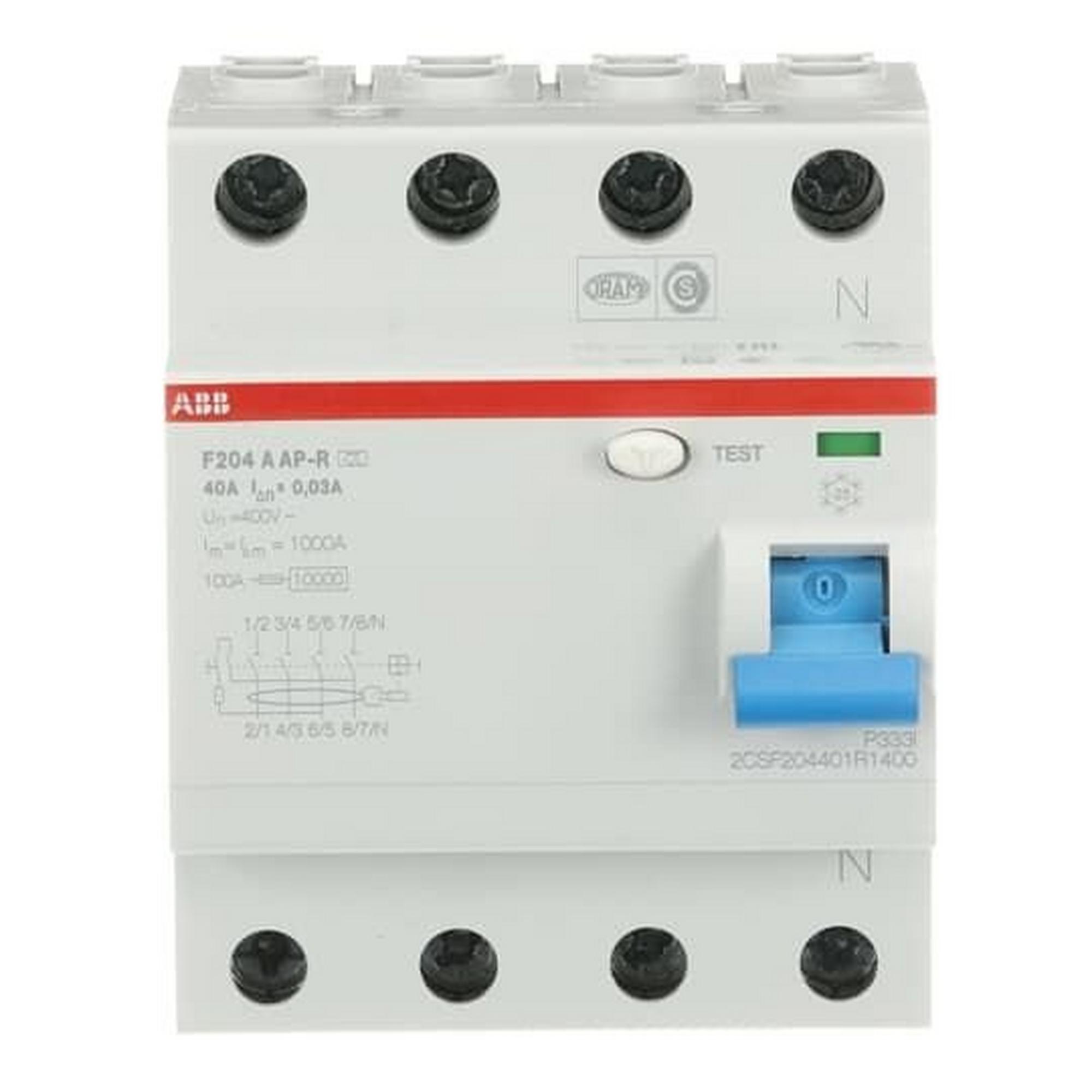 ABB F204 A-40/0.03 AP-R, FI-Schutzschalter 4P, Typ A, 40A, 30mA, kurzzeitverzögert