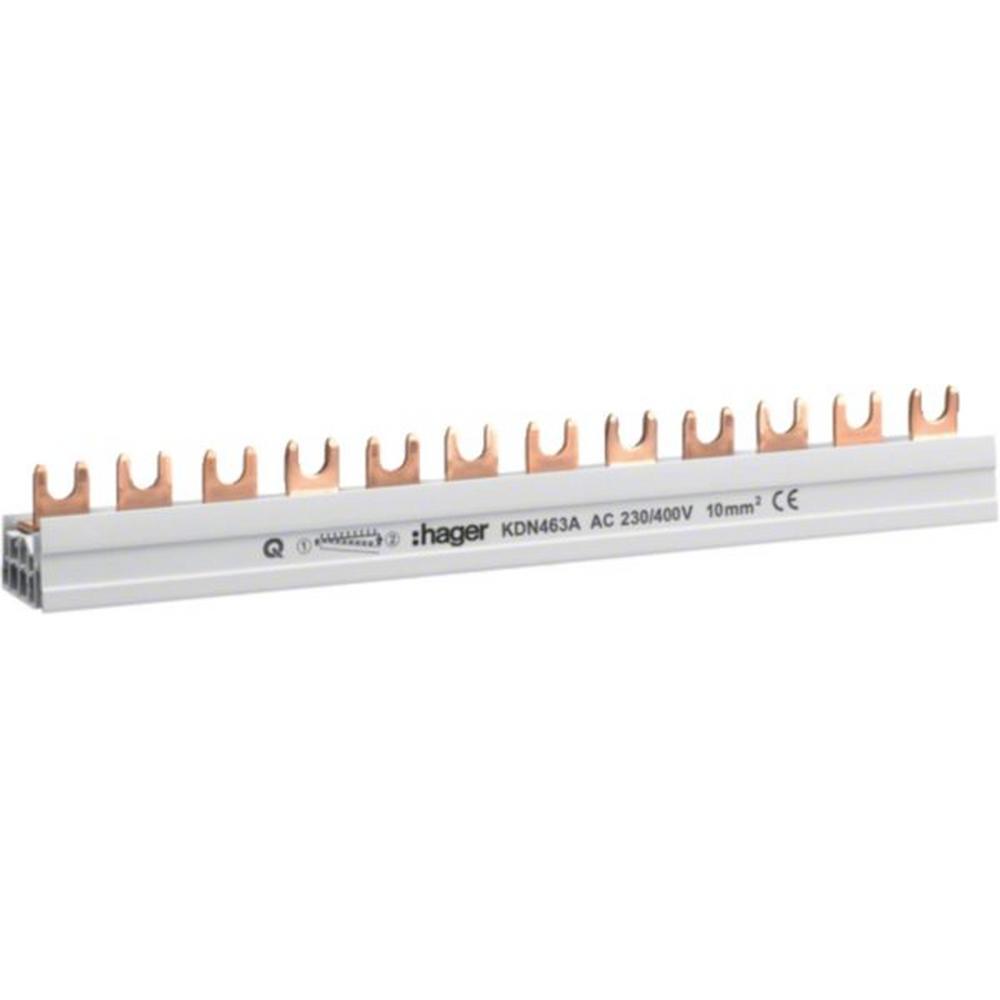 KDN463A, Phasenschiene/Kammschiene, 4-polig, mit Gabelanschluss, 10mm², 63A, 12 Module