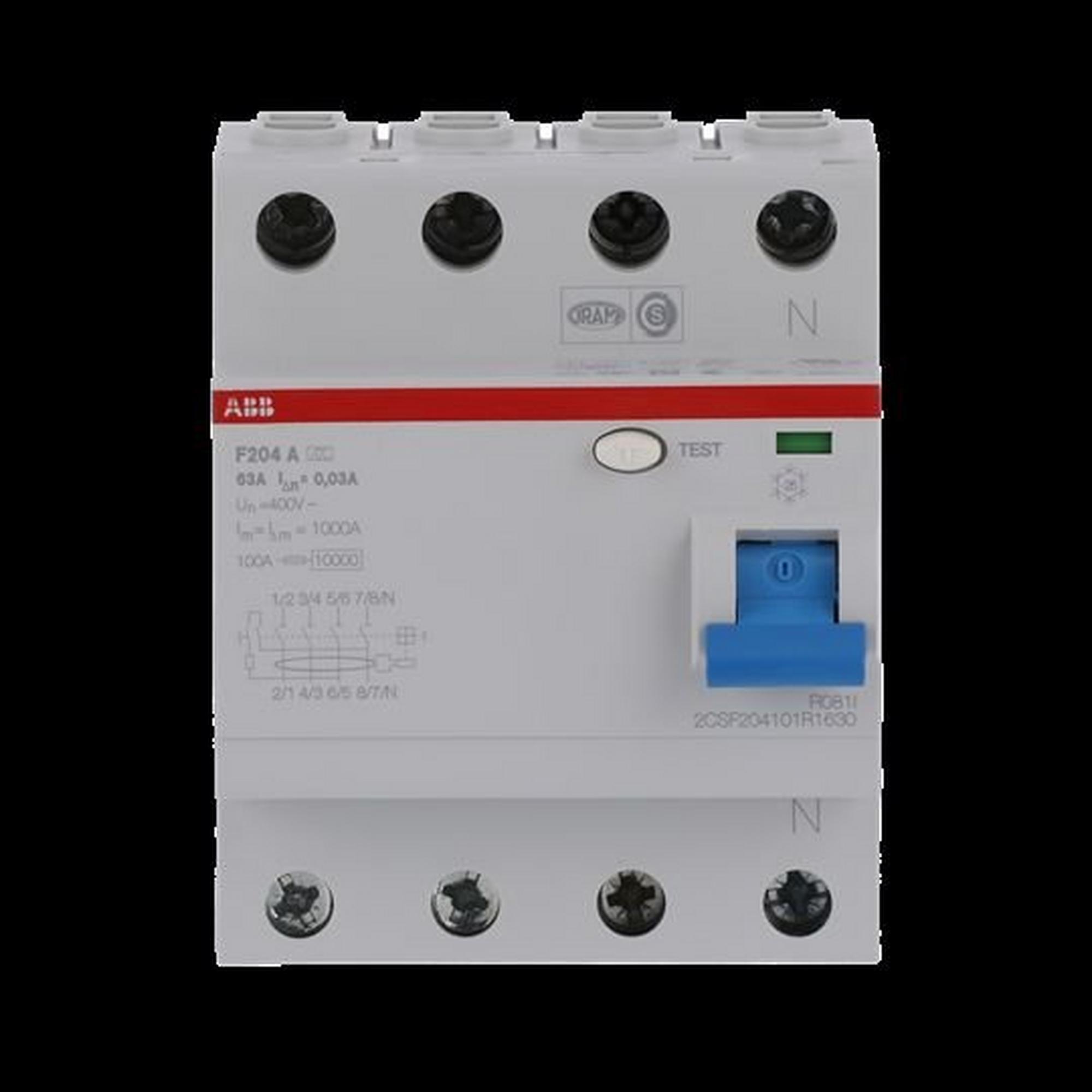 ABB F204 A-63/0.03, FI-Schutzschalter 4P, Typ A, 63A, 30mA