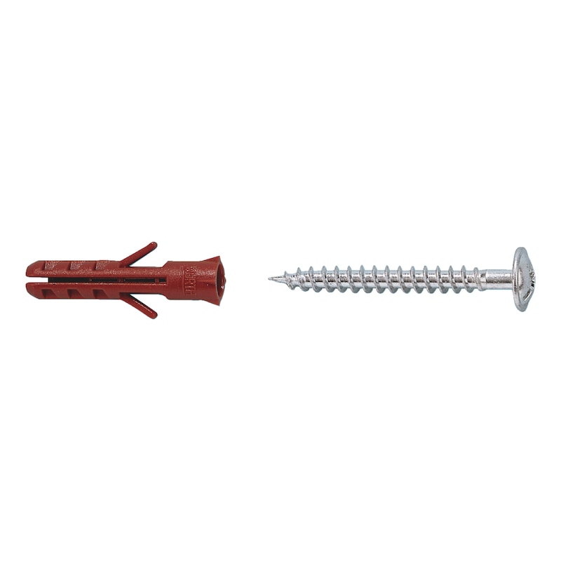 Würth Nylondübel ohne Flansch, mit verzinkter Halbrundkopf-Spanplattenschraube W-MR – 45x40 / 6x30, Nylon