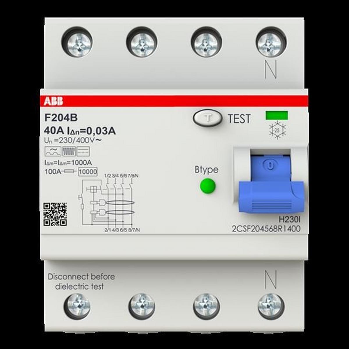ABB FI-Schalter Typ B 4P, 40A, 30mA, 3kA, 4TE, allstromsensitiv, kurzzeitverzögert