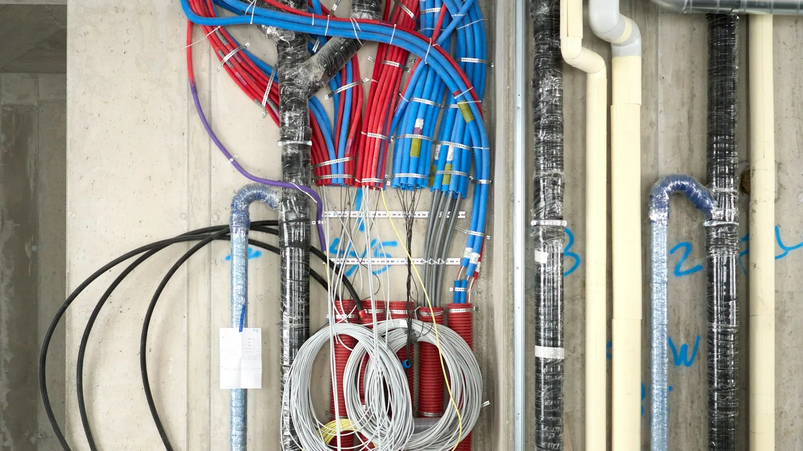 Rote und blaue Wellrohre sowie Leitungen in einem Technikraum im Rohbau