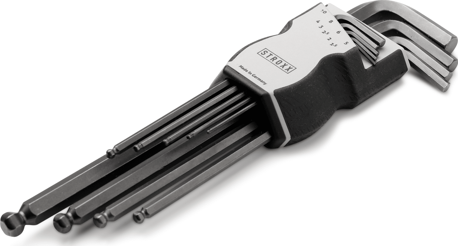 STROXX 9‑tlg. Winkelschlüsselsatz Chrom‑matt – 1,5 – 10 mm, Kugelkopf, Innensechskant‑Schraubendreher, robuste Stahl‑Ausführung STROXX 9‑tlg. Winkelschlüsselsatz Chrom‑matt – 1,5 – 10 mm, Kugelkopf, Innensechskant‑Schraubendreher, robuste Stahl‑Ausführung