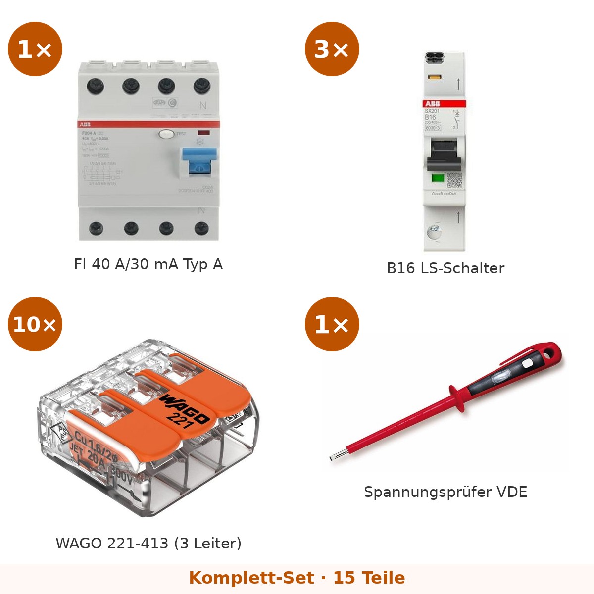 FI-Nachrüst-Set 4-polig 40 A/30 mA + 3× B16 (ABB) – Set-Inhalt