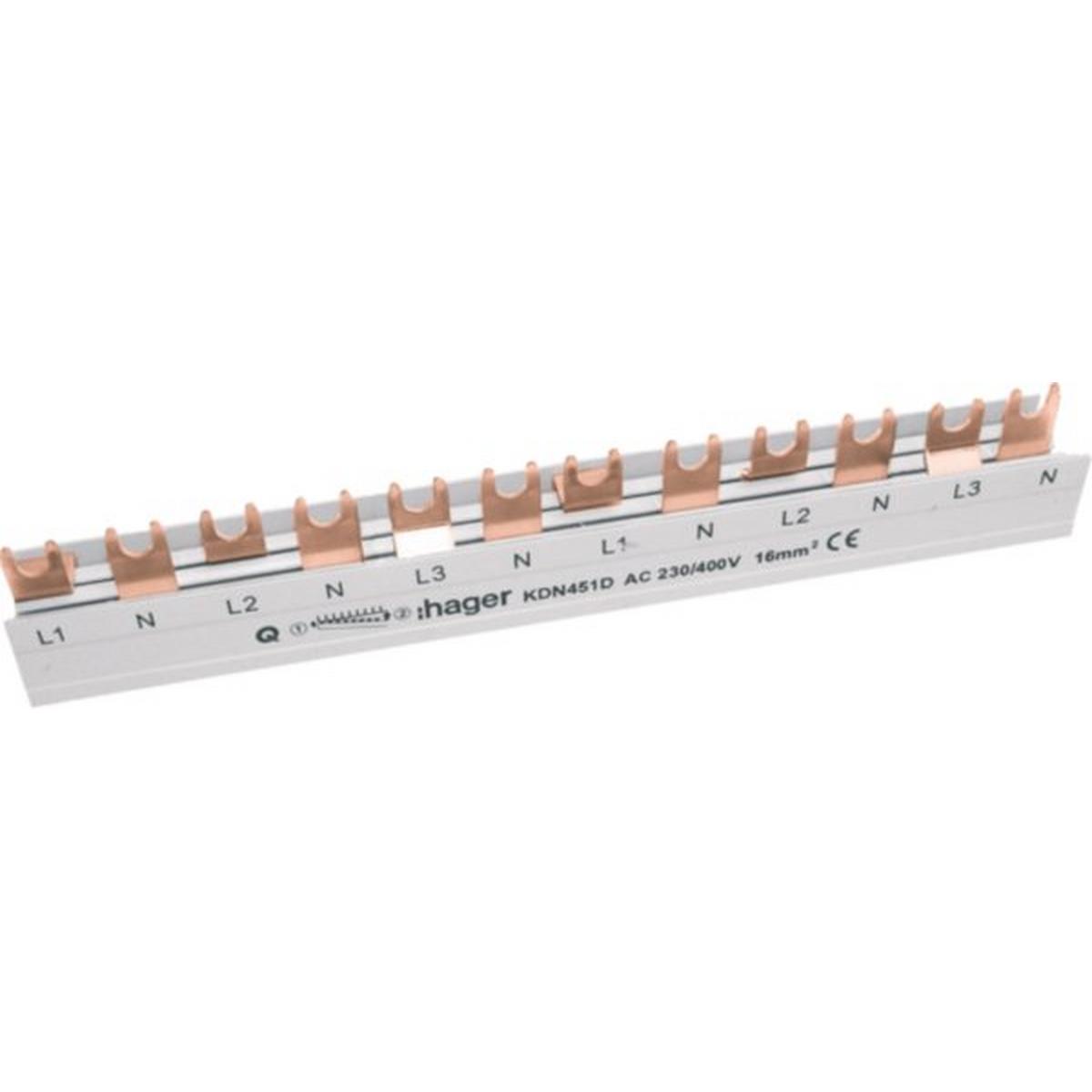Hager KDN451D Phasenschiene 3-polig+N, Gabelanschluss, 16 mm², 80 A, 12 Module