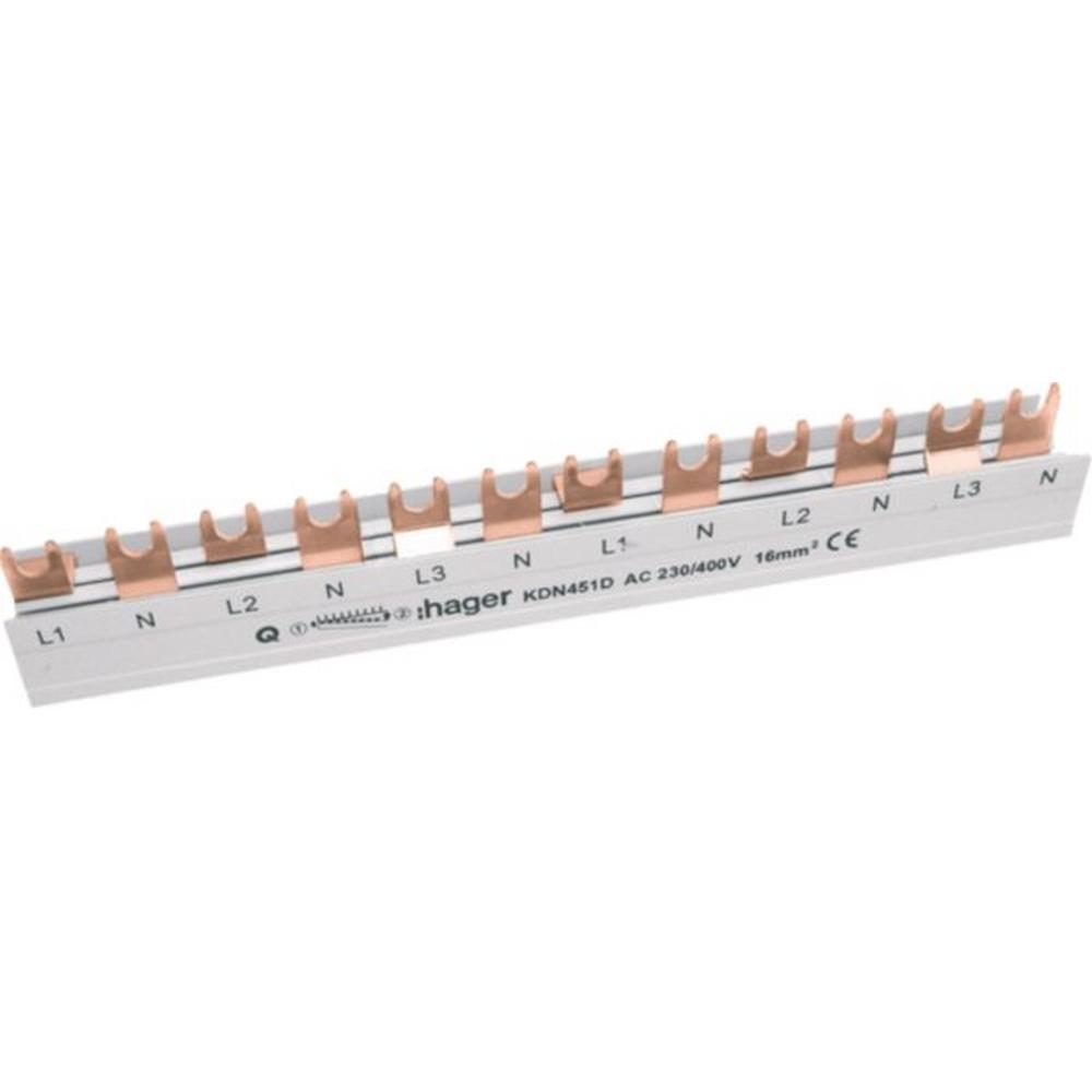 KDN451D, Phasenschiene/Kammschiene, 3-polig+N, mit Gabelanschluss, 16mm², 80A, 12 Module