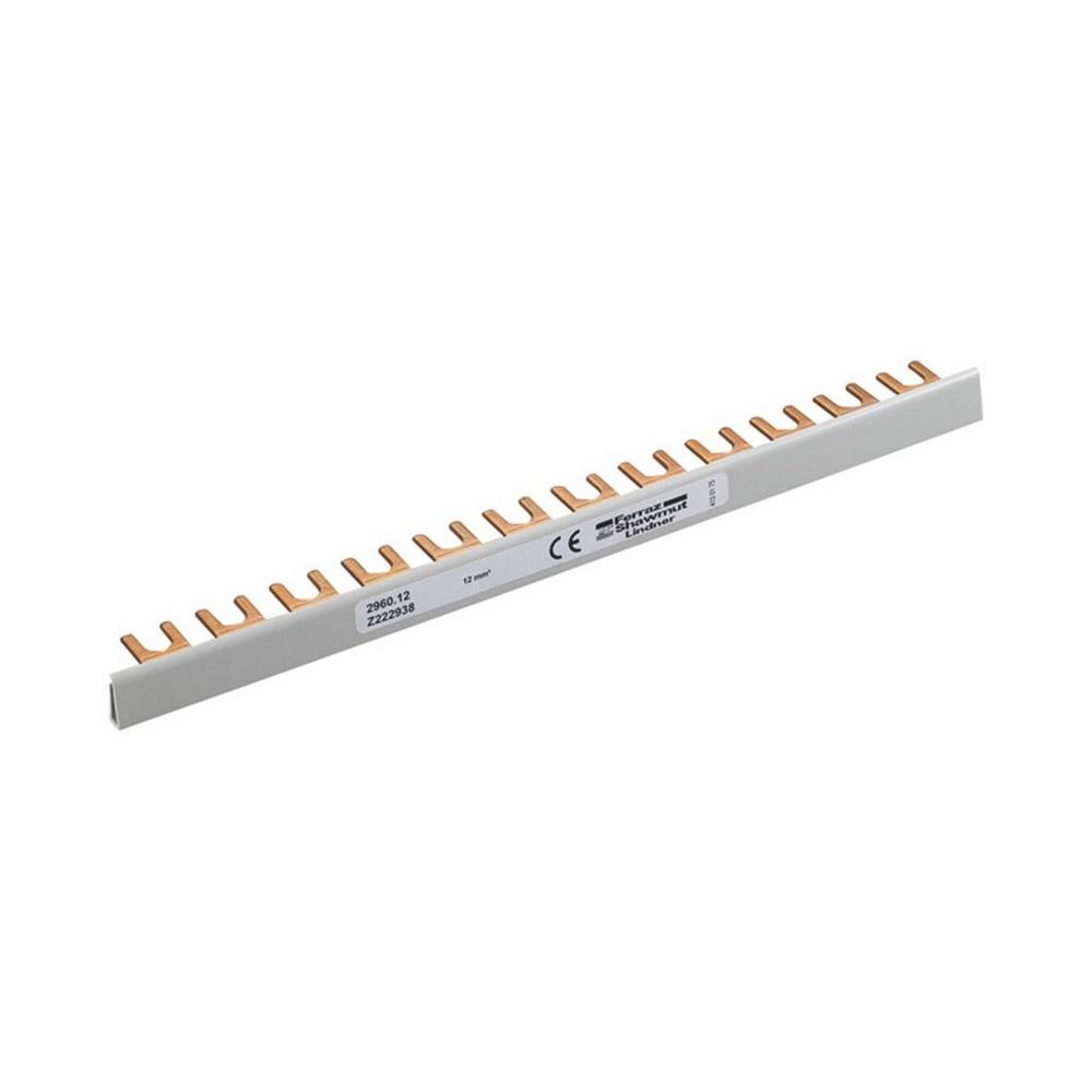 02960.120000, Phasenschiene Gabel 1-polig mit Isolierung 10 mm² Teilung 17,8 mm Länge 210 mm 90° abgewinkelt 1-polige Stromkreise 12, Endkappe A11