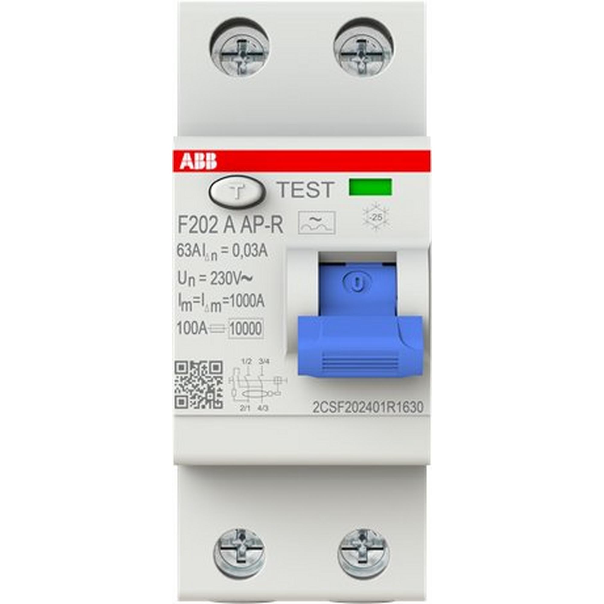 F202 A-63/0.03 AP-R, FI-Schutzschalter 2P, Typ A, 63A, 30mA, kurzzeitverzögert