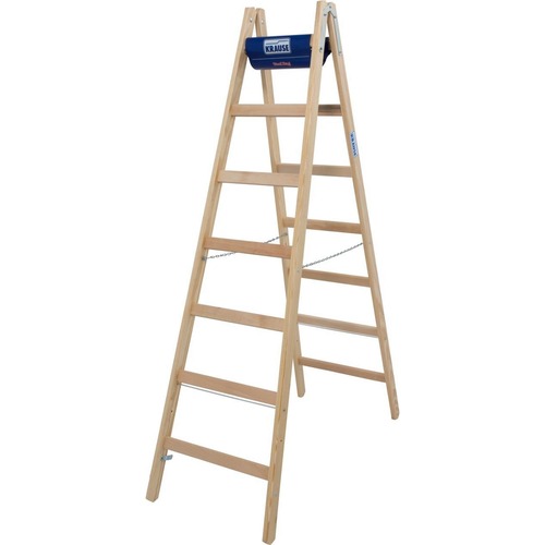 Krause TRBS beachten! Sprossen-DoppelLeiter (Holz) mit Werkzeugtasche, 2x7 Sprossen