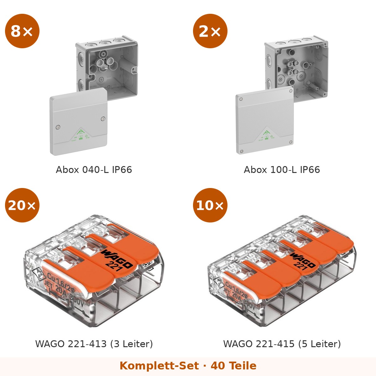 Abzweigdosen-Set Feuchtraum: 8× Spelsberg Abox 040-L + 2× Abox 100-L + WAGO – Set-Inhalt